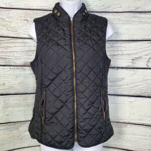 Zenana Outfitters Black Quilted Vest Zip Front Pockets Gold Hardware Size Medium